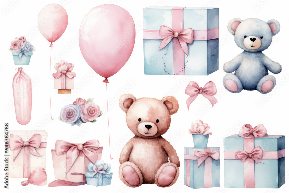 Watercolor illustration on a children's theme, a cute funny bear with gifts, flowers and balloons, pastel colors Watercolor illustration on a children's theme, a cute funny bear with gifts, flowers and balloons, pastel colors