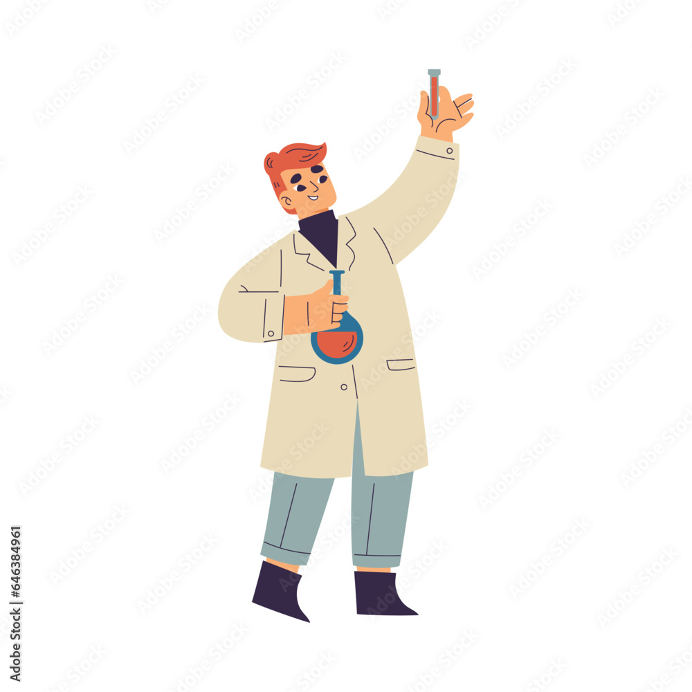 Little Boy Chemist and Scientist with Flask in Chemistry Lab Doing Scientific Experiment Vector Illustration Little Boy Chemist and Scientist with Flask in Chemistry Lab Doing Scientific Experiment Vector Illustration