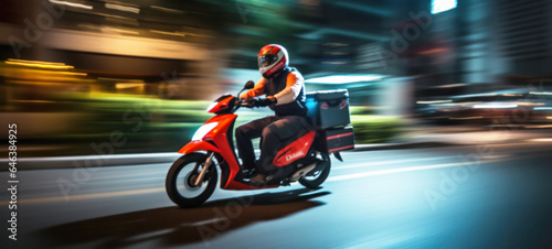 Courier, delivery man on the motorcycles in the street, Fast transport express home delivery online order, food delivery, Blurred image © chiew