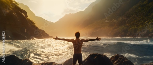 A man stands opposite the seashore and mountains with outstretched arms