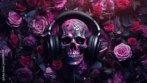 skull and headphones on the flower background