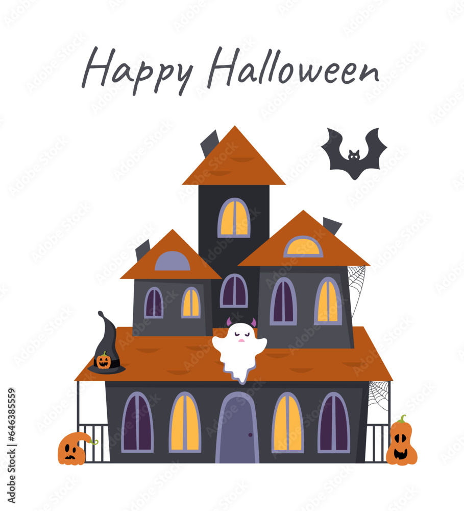 Gloomy Halloween house with bat, pumpkins, witch hat and ghost. Halloween concept.	