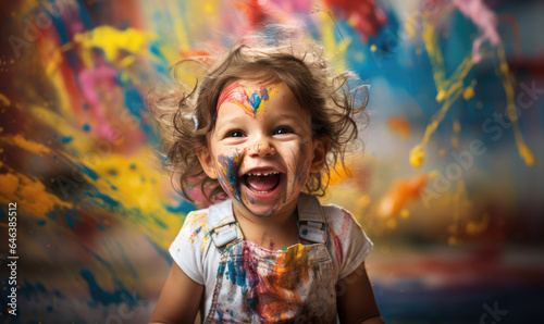 Happy children smiling playing with art and covered in paint in a Children's Day cultural campaign.