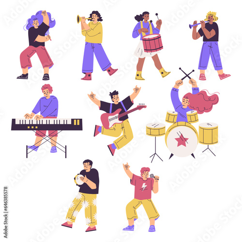 Kids in Rock Band Playing Musical Instrument and Singing Vector Set