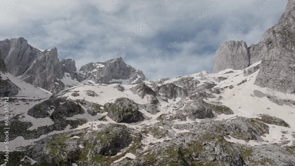 Aerial view sharp mountain peak with a snow and blue sky, panoramic rocky landscape Aerial view sharp mountain peak with a snow and blue sky, panoramic rocky landscape