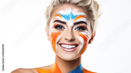 Portrait of a woman with abstract painted face in blue and orange colors.