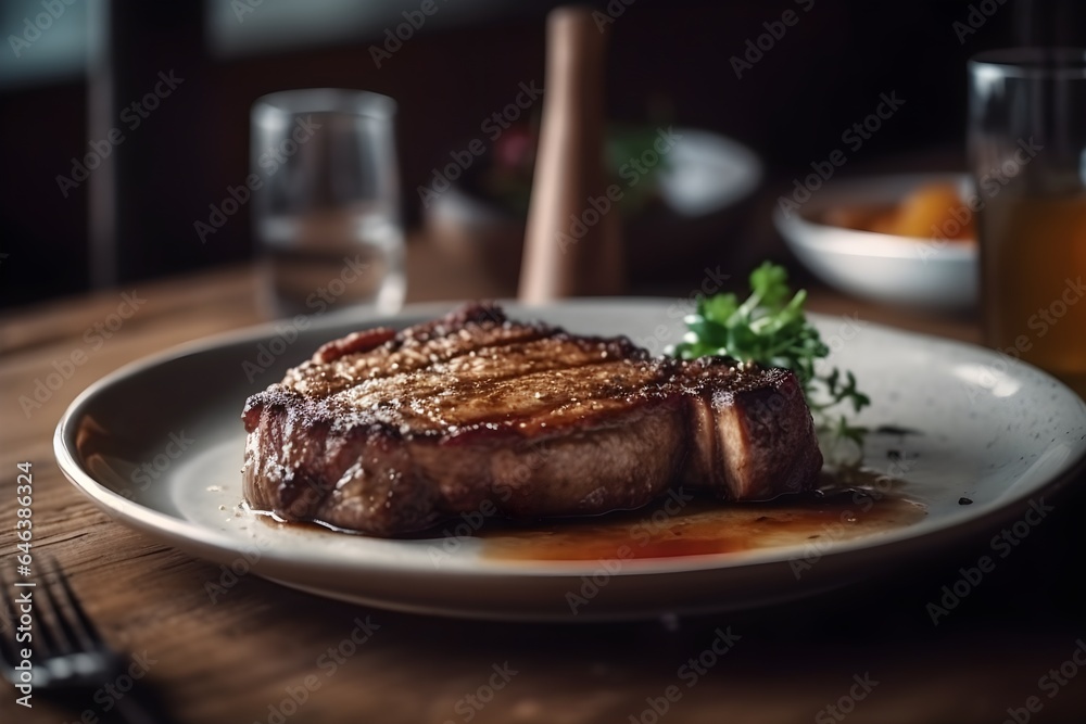 A beef steak in restautant table. Created with Generative AI Technology A beef steak in restautant table. Created with Generative AI Technology