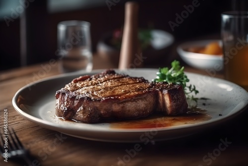 A beef steak in restautant table. Created with Generative AI Technology
