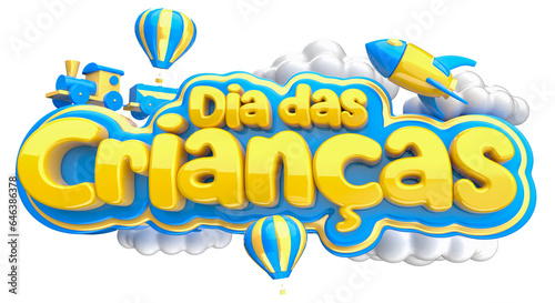 DIA DAS CRIANÇAS SELO 3D  COM FOGUETE BALÕES E NUVENS 