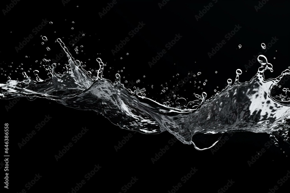 A transparent black splash overlay with dynamic water movement and droplets. Generative AI - obrazy, fototapety, plakaty 