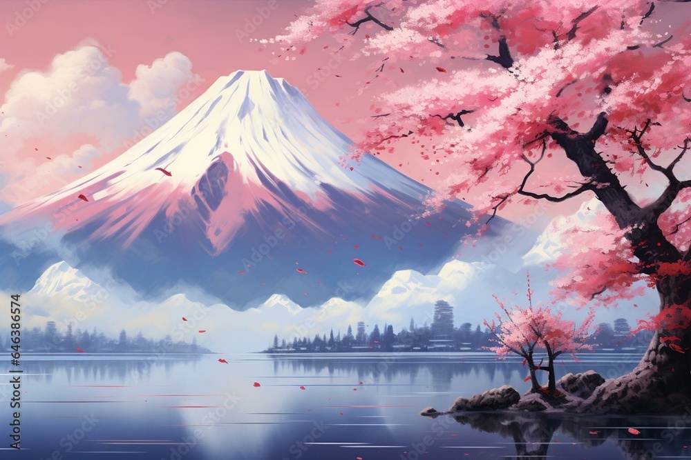 Scenic wallpaper with lovely pink cherry trees and Mount Fuji. Generative AI