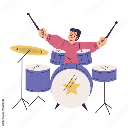Little Boy in Rock Band Playing Drum Musical Instrument Vector Illustration