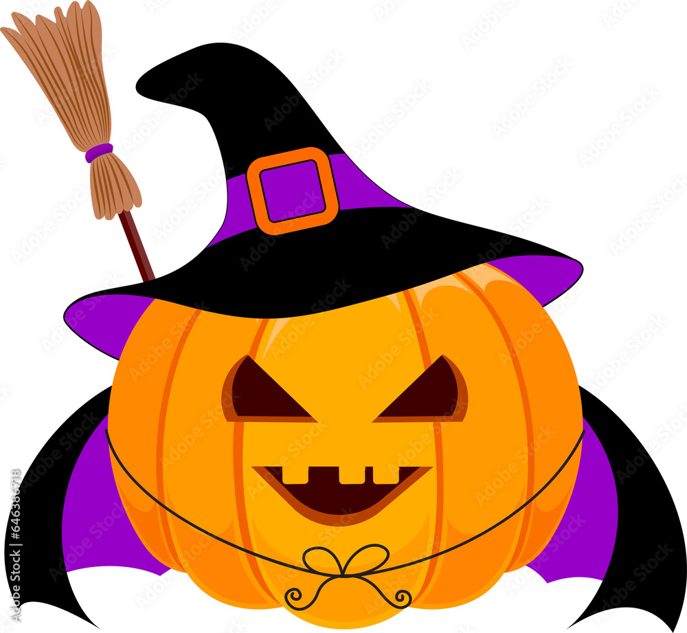 Obraz premium Funny cute cartoon witch pumpkin character. Trick or treat, happy Halloween concept. Design for banner, poster, greeting card. Illustration.