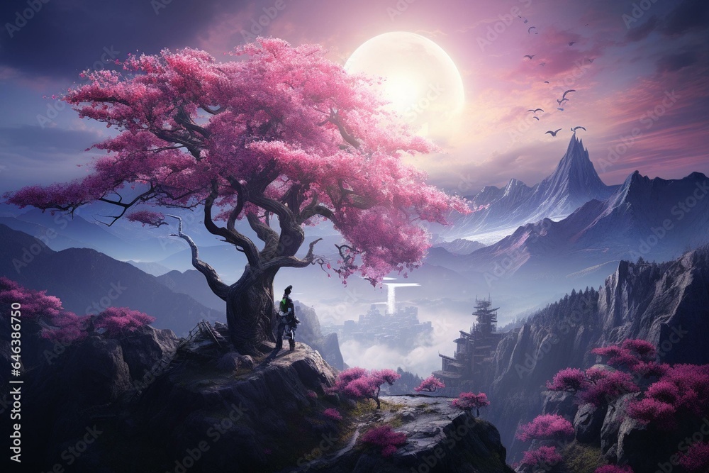 Stunning 4K cyberpunk wallpaper featuring a cherry blossom tree amid