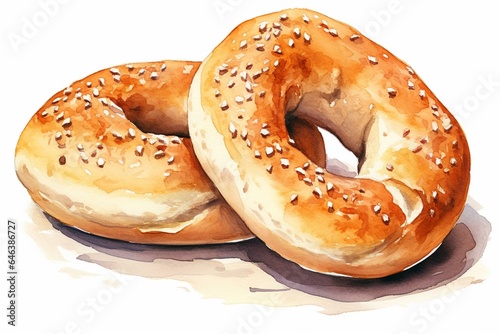 Realistic watercolor bagel illustration on white background. Two bagels on white. Generative AI © Melisande