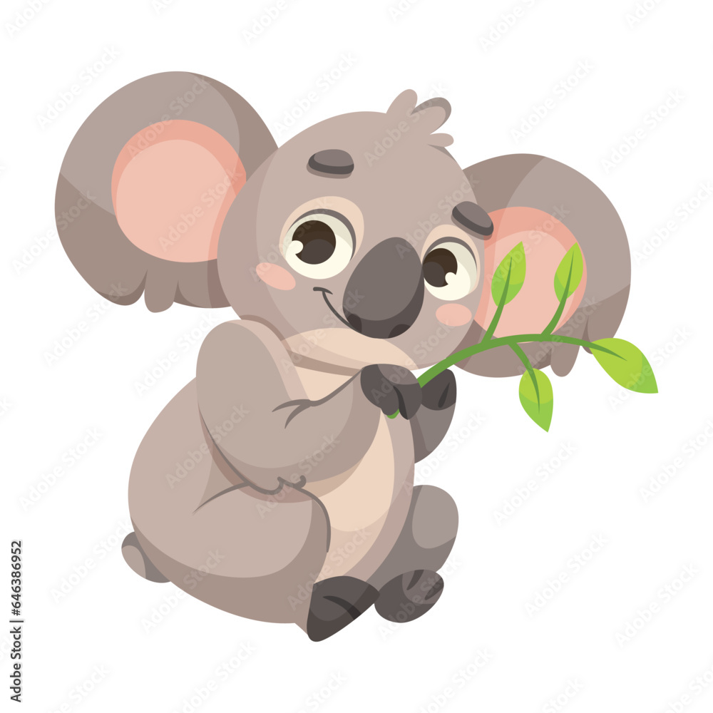 Cute Koala Character with Large Ears and Nose Sitting with Eucalyptus Leaf Vector Illustration