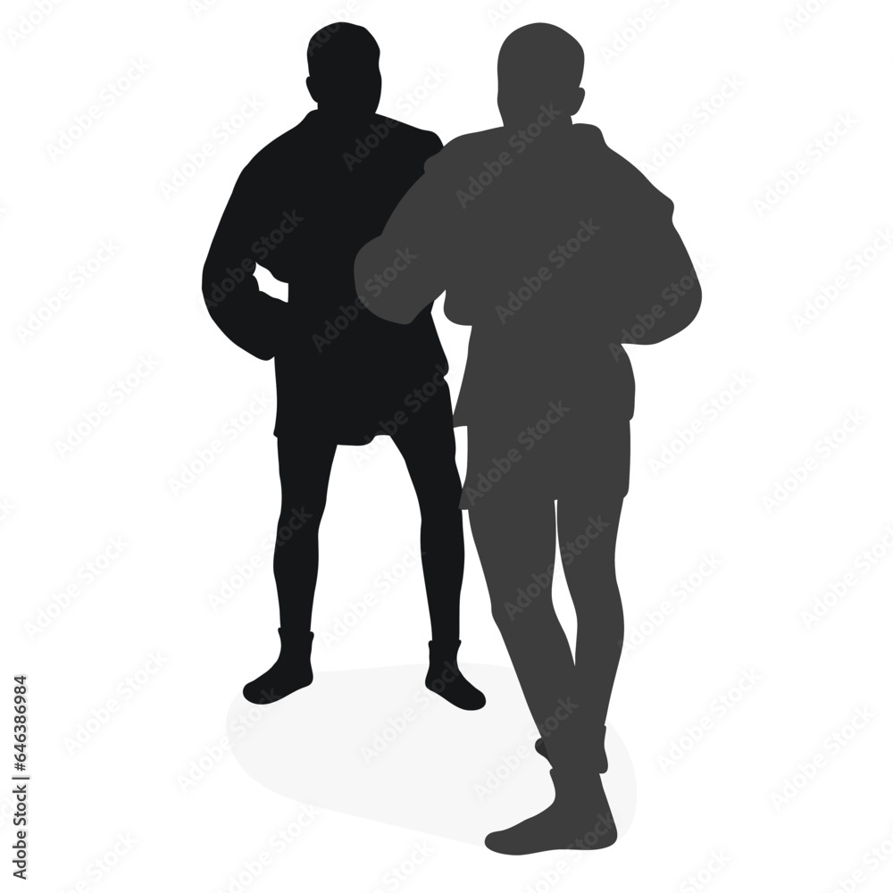 Image of silhouettes sambo athletes in sambo wrestling, combat sambo, duel, fight, fistfight, struggle, tussle, brawl, jiu jitsu. Martial art, sportsmanship