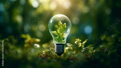 Eco friendly lightbulb with plants green background