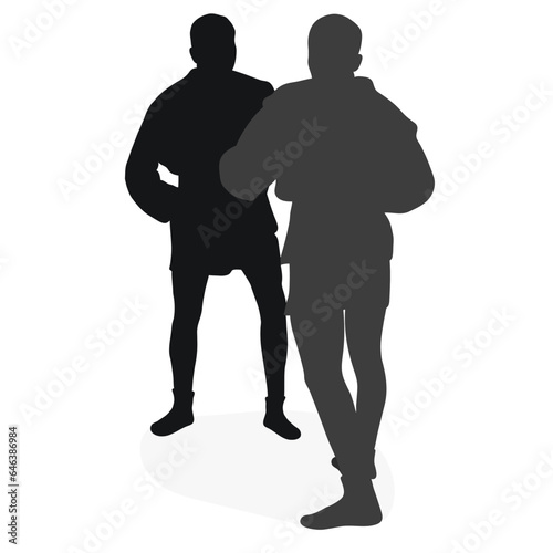 Image of silhouettes sambo athletes in sambo wrestling, combat sambo, duel, fight, fistfight, struggle, tussle, brawl, jiu jitsu. Martial art, sportsmanship photo