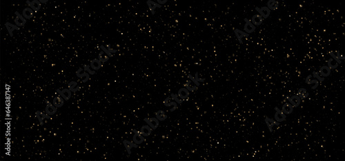 Festive vector background with gold glitter and confetti for Christmas celebration. Black background with glowing golden particles.