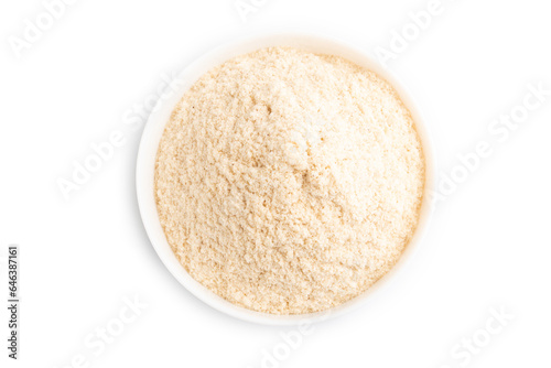 Powdered milk and buckwheat baby food mix isolated on white, top view