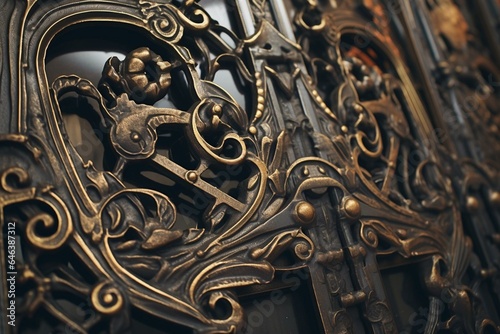 Detailed view of ornate metal gates made using forging techniques. Generative AI