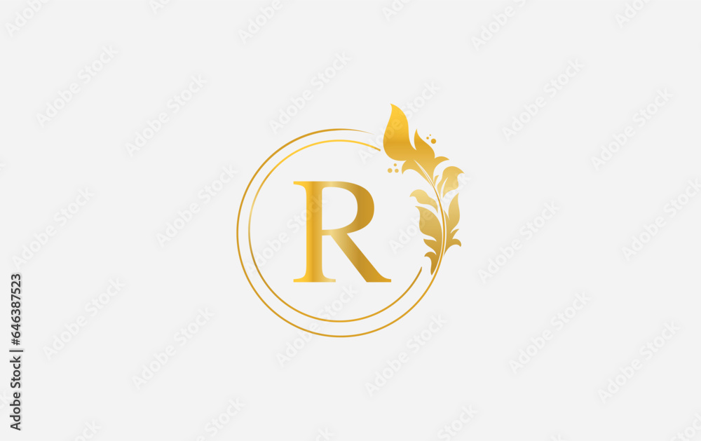 Golden leaf logo and golden circle monogram design vector. Golden beauty and business symbol Golden leaf logo and golden circle monogram design vector. Golden beauty and business symbol
