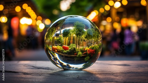 a mesmerizing photograph of a glass globe reflecting the vibrant colors of a bustling farmer's market, highlighting the connection between sustainable agriculture and green energy