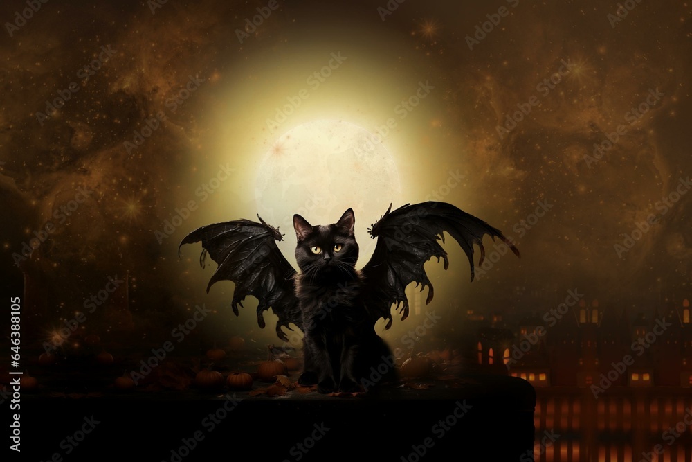 Black cat with bat wings. Mythical creature against the backdrop of a magical city. Moonlight shines on an enchanted cat, pumpkins and autumn leaves nearby Black cat with bat wings. Mythical creature against the backdrop of a magical city. Moonlight shines on an enchanted cat, pumpkins and autumn leaves nearby