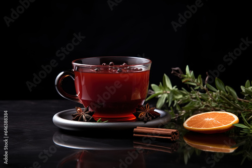 Red wine boiled with spices in glass with ingredients indoors  low key minimalism