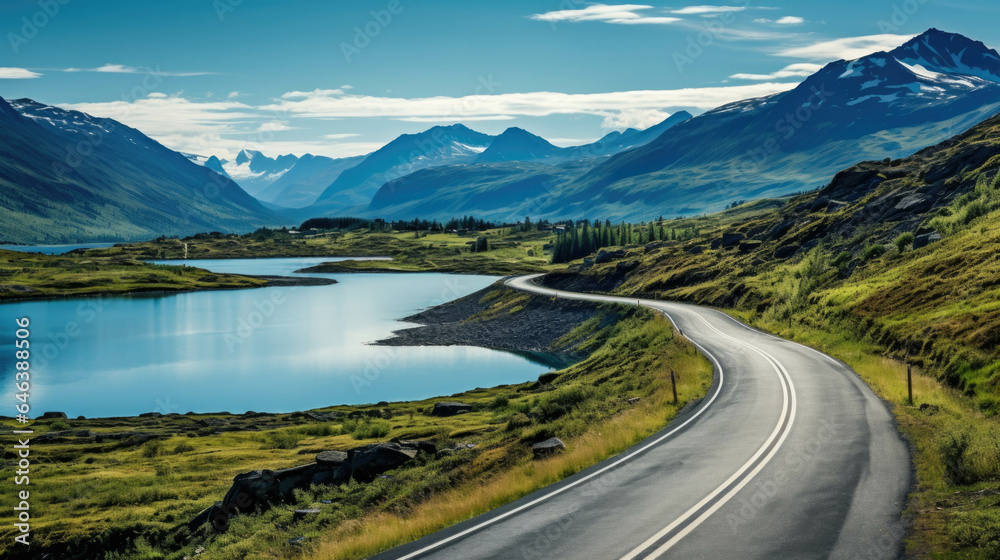 Fototapeta premium a course of a road with a lake and mountains in the background.
