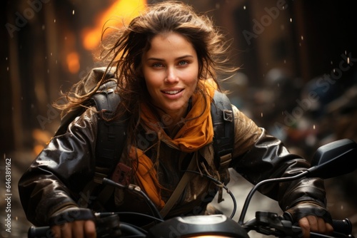 portrait of a young woman delivery on motorcycle