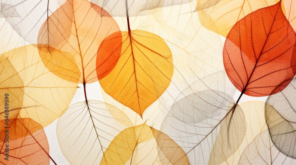 Abstract  translucent layered fallen autumnal leaves, macro nature, autumn fall illustration background texture pattern