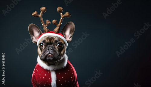 Christmas and New Year concept. french bulldog with christmas reindeer antlers