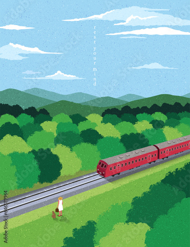 Travel by train, steam locomotive, vacation, mountain landscape, railway station, adventure. Spring summer season. Sunny day nature background. Watercolor style. Hand drawn design Vector illustration.