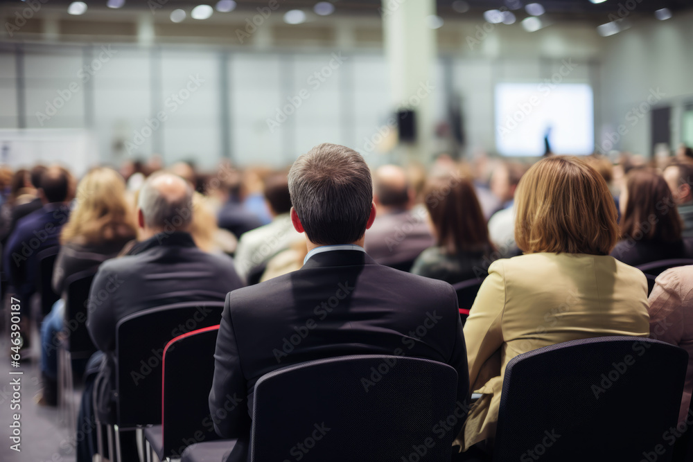 rear view of an audience in a conference hall listening to a business speaker rear view of an audience in a conference hall listening to a business speaker