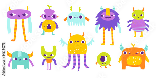 Set of weird colorful monsters. Vector collection of strange friendly beasts for kids. Bright doodle monsters bundle.