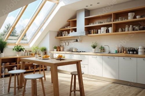 Simplistic bright kitchen with wooden elements. Generative AI
