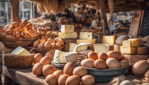 market stall with cheese, butter and eggs on a rural market
