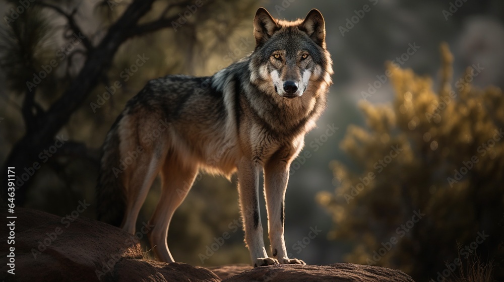 Majestic Wolf Stands Proud on Rocky Outcropping, A Symbol of Wilderness Strength Majestic Wolf Stands Proud on Rocky Outcropping, A Symbol of Wilderness Strength
