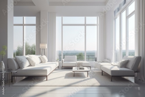 Contemporary living room with spacious view  furnished in white fabric  brightened by sunlight. Generative AI