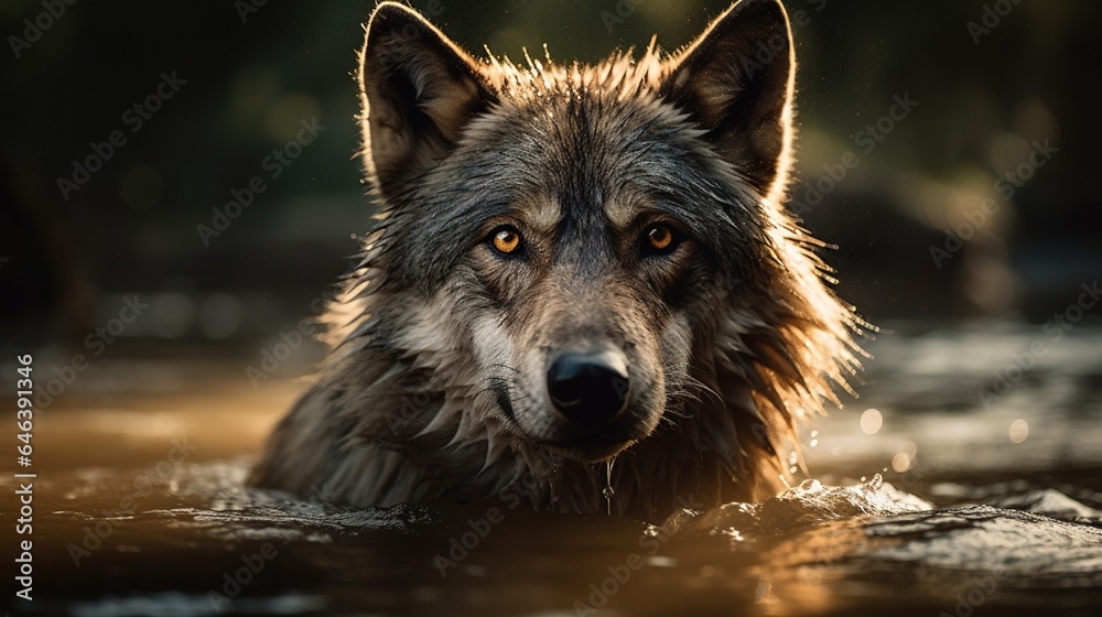 Majestic Wolf Swims Gracefully Through River, A Moment of Untamed Aquatic Beauty