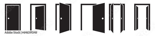 Door icons set. Entrance open and close doors collection flat style isolated on transparent background.