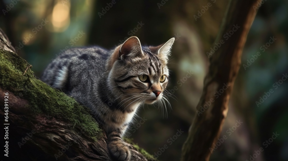 Playful American Shorthair Cat Ascends Tree, A Glimpse of Feline Adventure Playful American Shorthair Cat Ascends Tree, A Glimpse of Feline Adventure