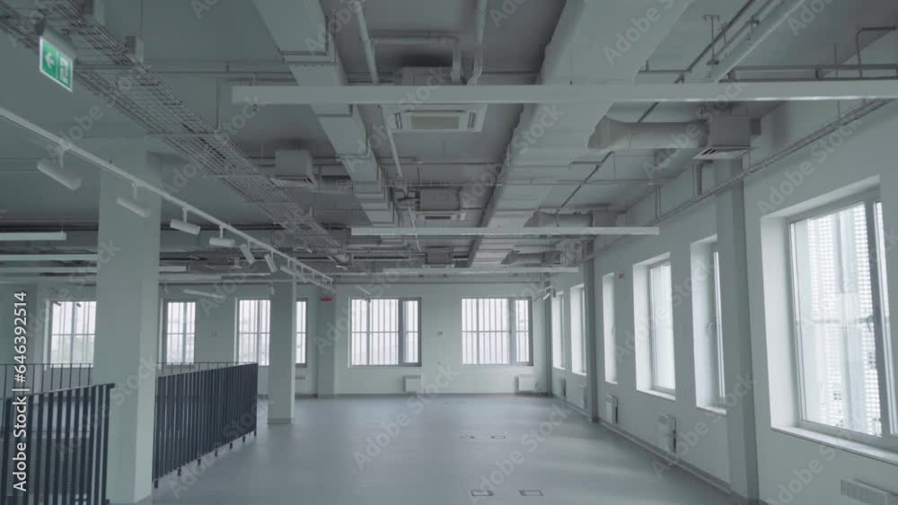 Ventilation pipes inside an empty office building. Gimbal shot Ventilation pipes inside an empty office building. Gimbal shot
