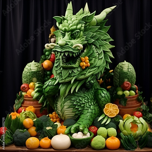 Chinese green dragon with fruits and vegetables