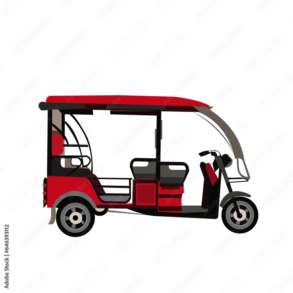 Vector illustration of side view of red color Auto E-Rickshaw, used for passenger carriage transport.
