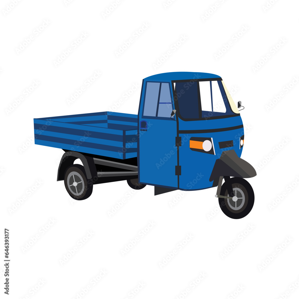 Vector illustration of blue Piaggio Ape Three-Wheeler light commercial vehicle for loading goods purpose.
