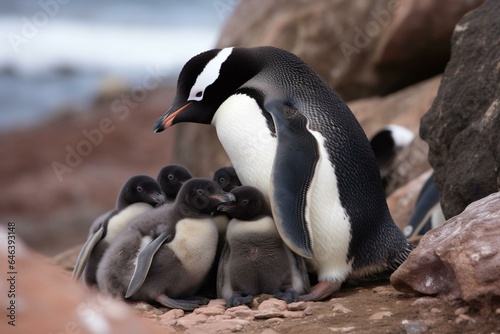 Penguin family huddled together, keeping their young ones warm. Generative AI