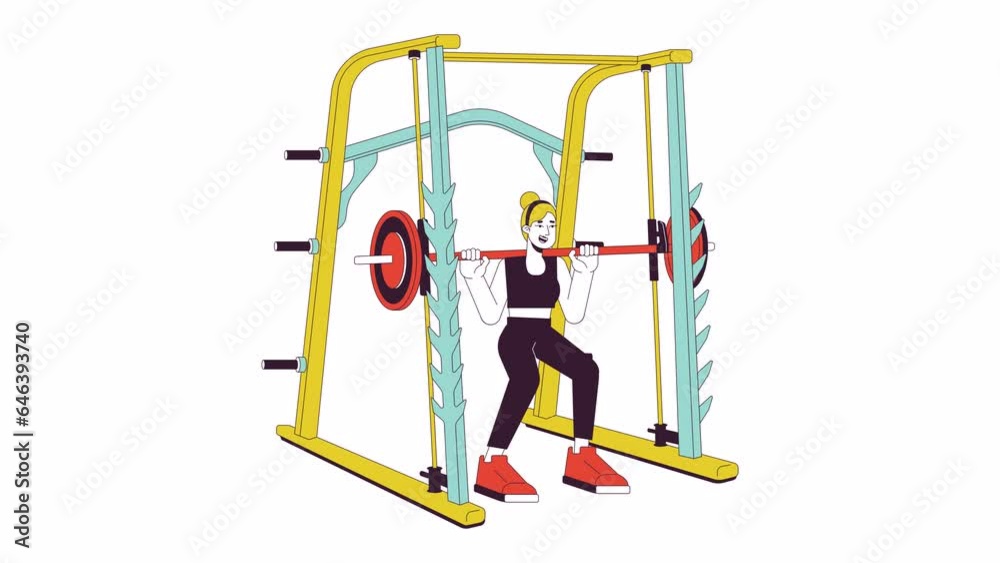 Woman squatting in weight power rack line cartoon animation. Gym girl holding barbell assisted 4K video motion graphic. Female weightlifter 2D linear animated character isolated on white background Woman squatting in weight power rack line cartoon animation. Gym girl holding barbell assisted 4K video motion graphic. Female weightlifter 2D linear animated character isolated on white background